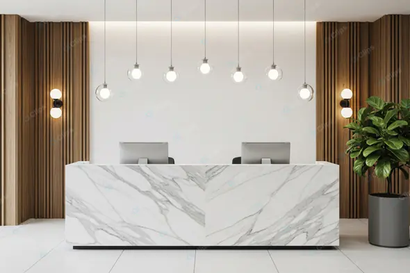 Marble Reception Desk with Pendant Lighting