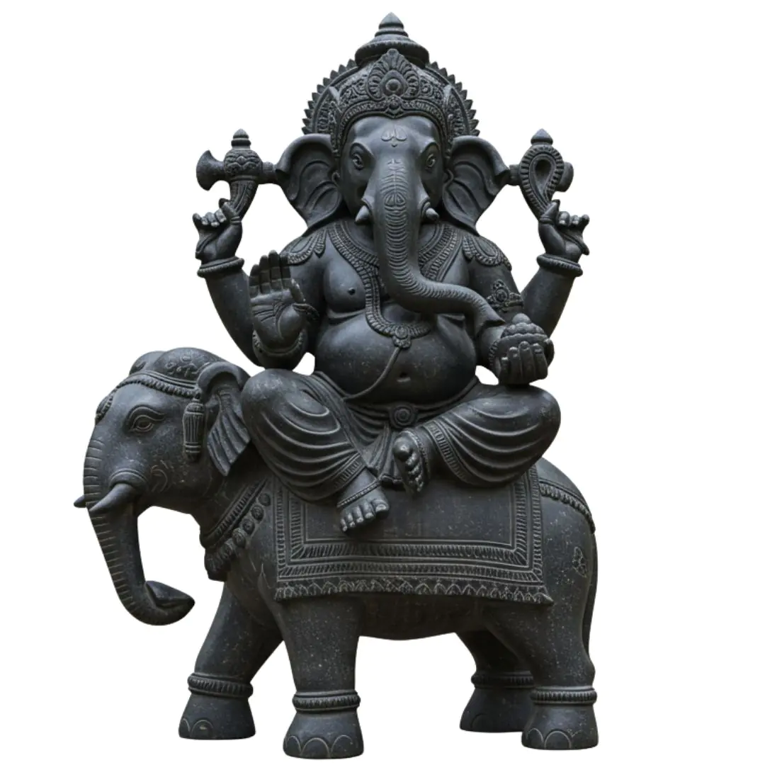 Ganesha Riding Elephant Statue Dark Stone PNG