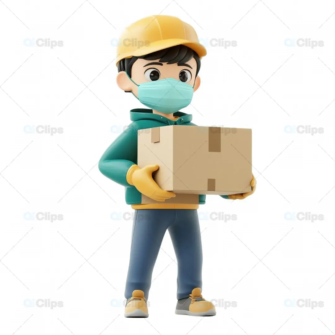3D Delivery Worker Avatar with Protective Mask and Box