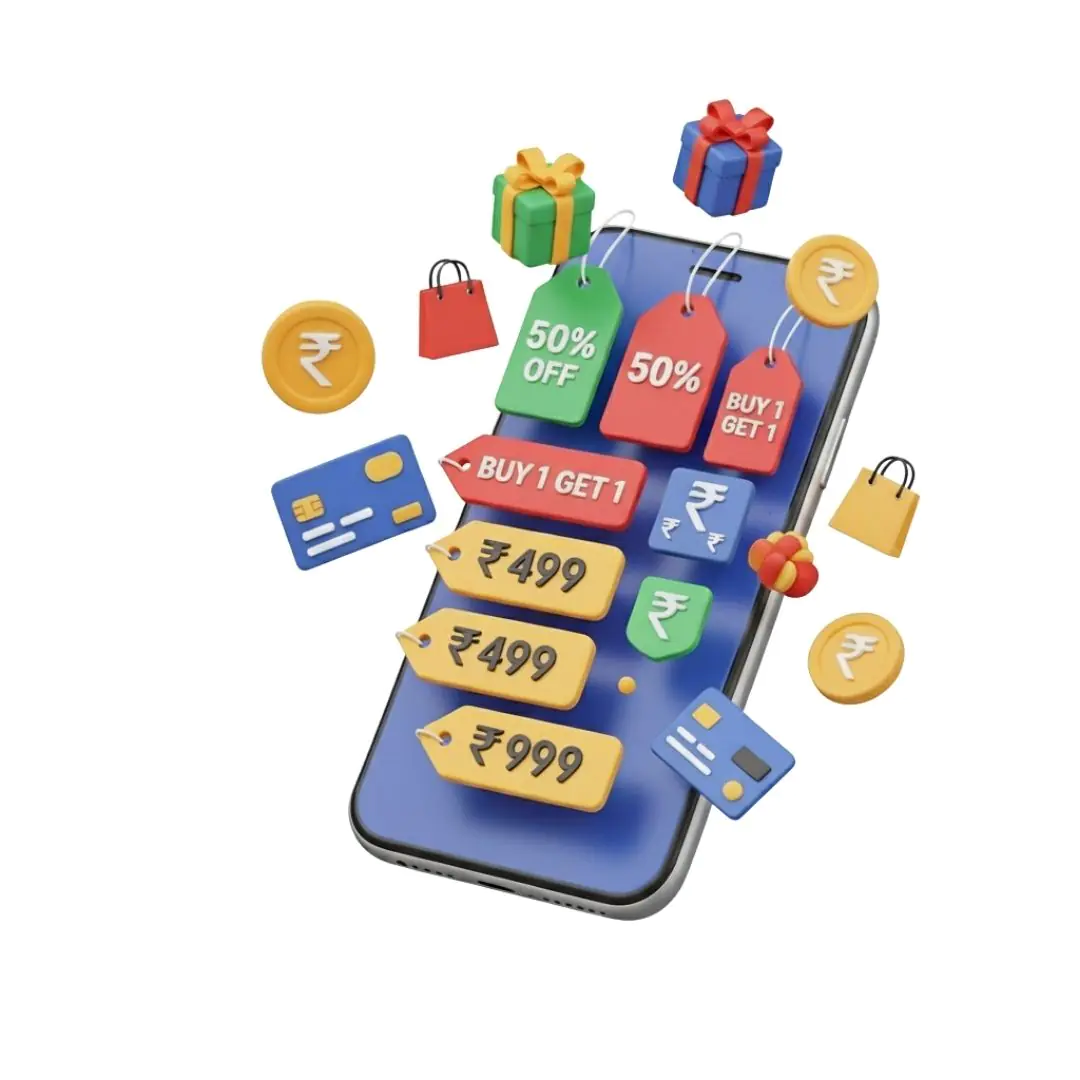Smartphone with shopping deals and floating ecommerce icons
