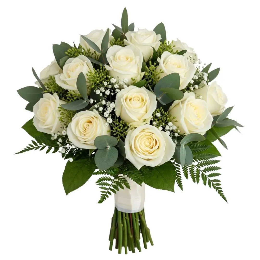 Elegant White Rose Wedding Bouquet with Greenery PNG
