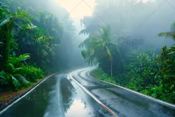 Misty Rainforest Road with Lush Green Foliage