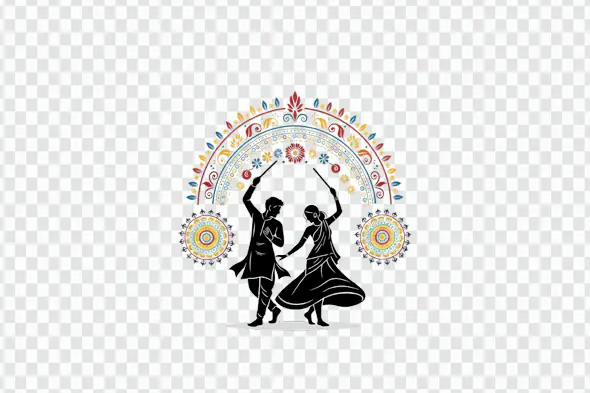 Vibrant Dandiya Dancers with Ornate Floral Arch PNG