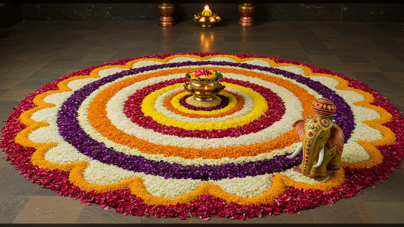 Traditional Onam Pookalam with Brass Diya & Elephant Idol | AIClips Festival Decor Photo