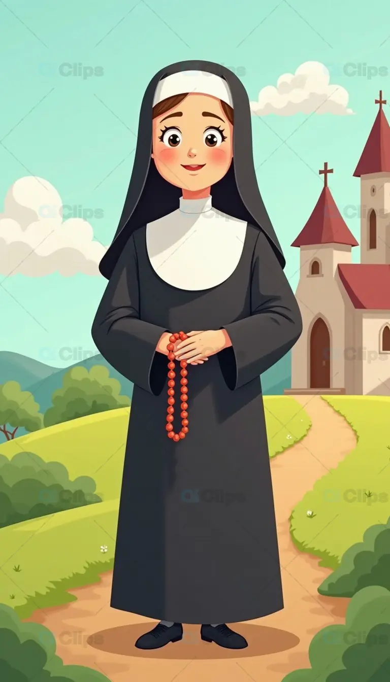 Cartoon Nun Holding Rosary in Peaceful Church Setting