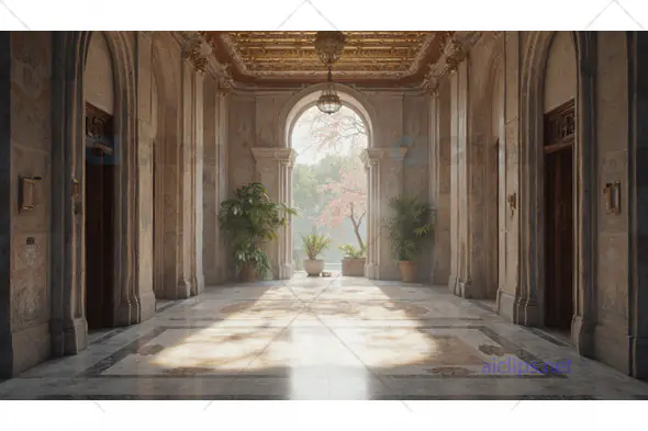 Elegant Historic Hall with Marble and Archway