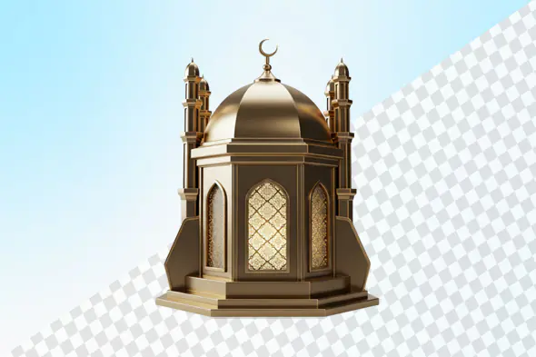 Golden Islamic lantern with ornate dome and minarets