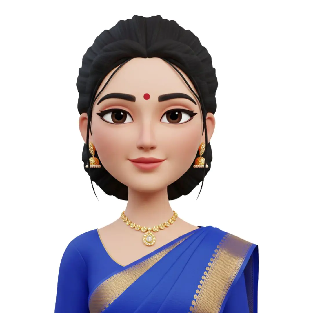3D avatar Indian woman blue saree gold jewelry
