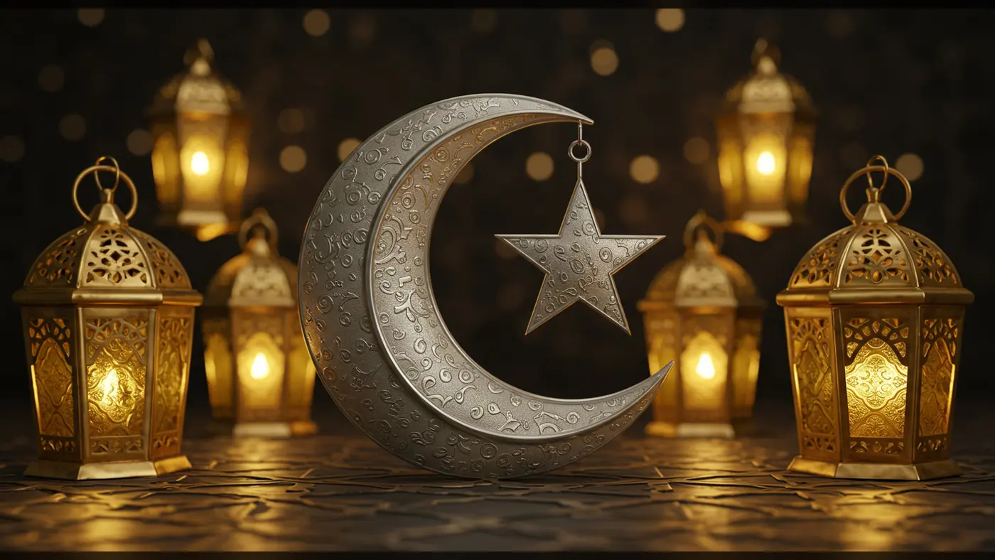 Golden Eid Lanterns and Engraved Crescent Moon with Star | AIClips Islamic Festival Image