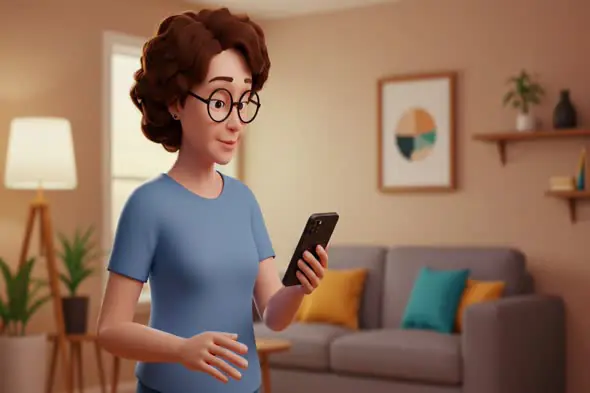 Animated Woman Texting in Cozy Living Room