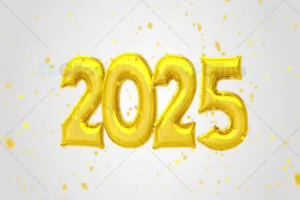 Golden 2025 Balloon Celebration with Confetti