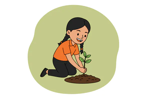 Girl Planting Sapling Vector Graphic