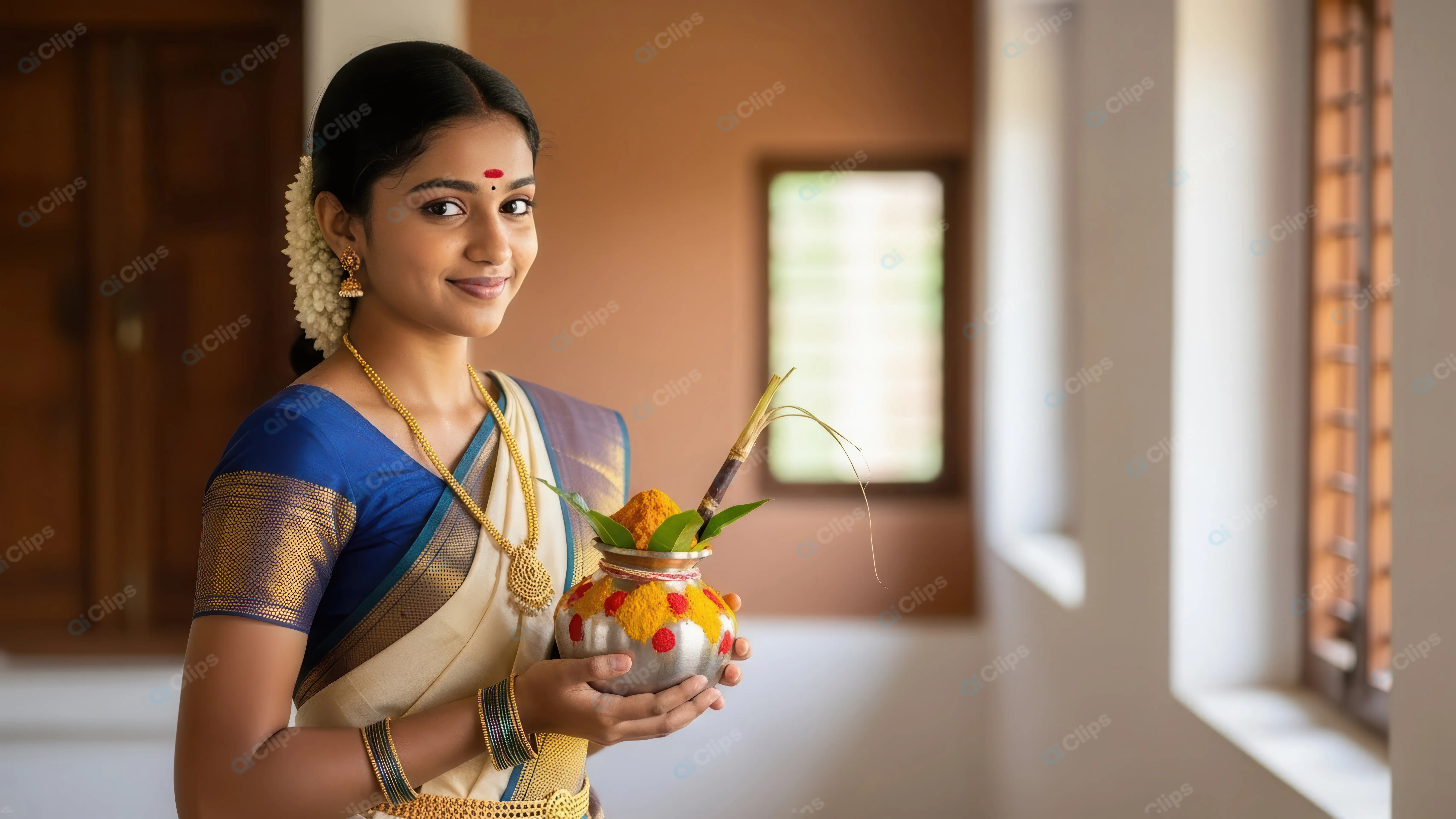 Traditional South Indian Woman with Festive Kalash