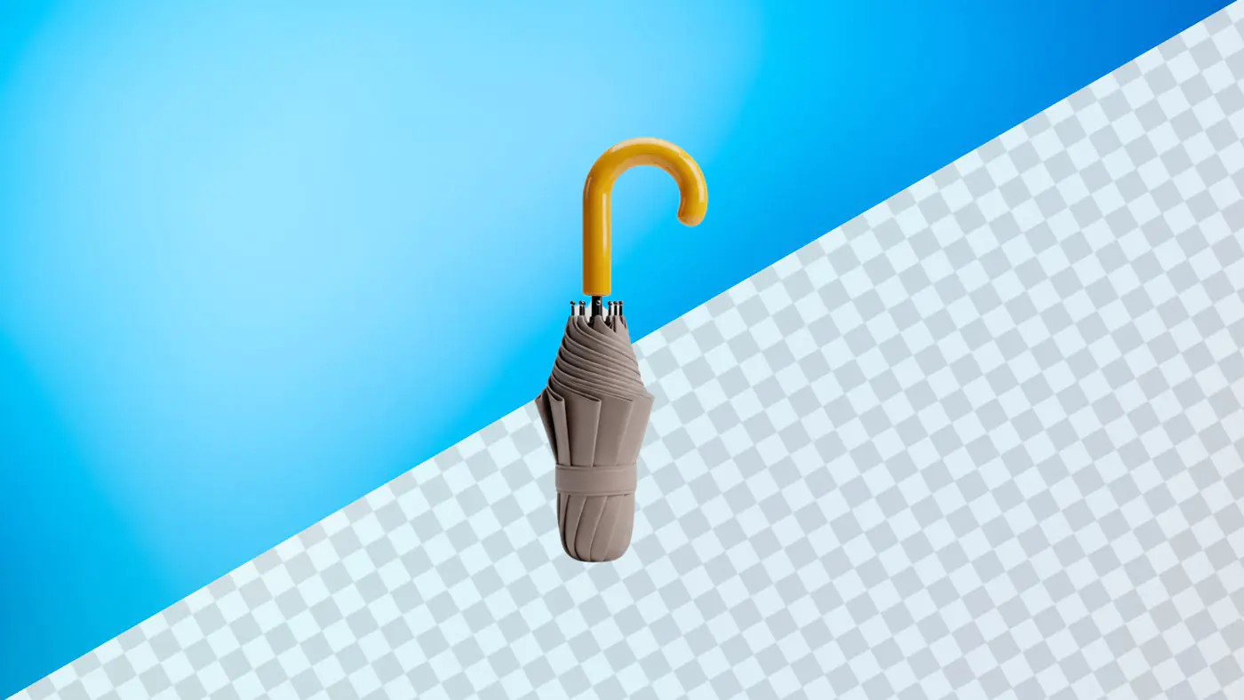 Folded gray umbrella with yellow curved handle