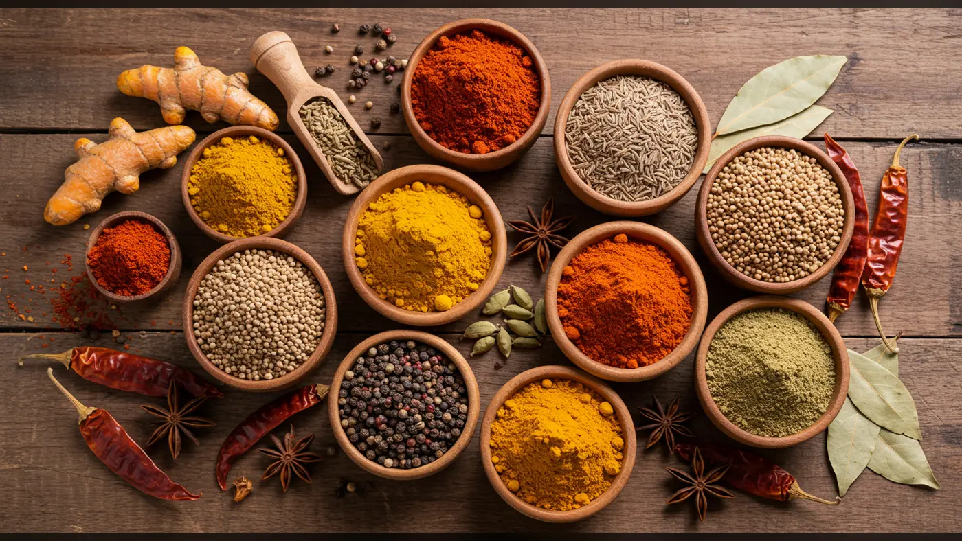Top View of Indian Masala Spice Bowls with Herbs & Whole Ingredients | Culinary Flatlay | AIClips