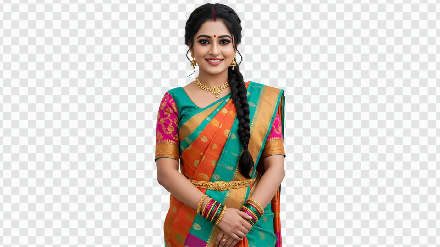 Smiling Woman in Vibrant Silk Saree PNG Clipart