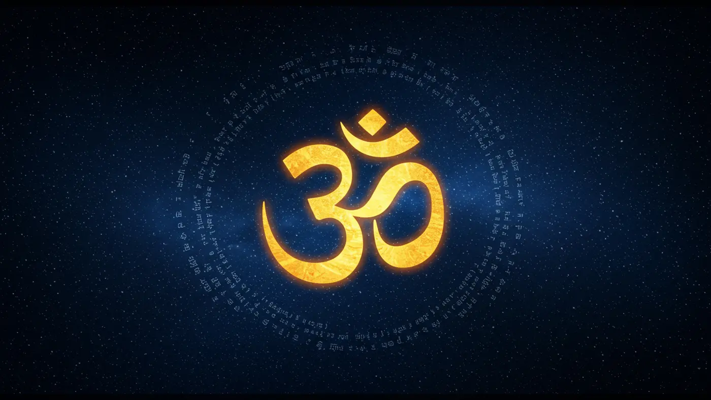 Golden Om Surrounded by Sanskrit Mantras in Space | AIClips Sacred Design
