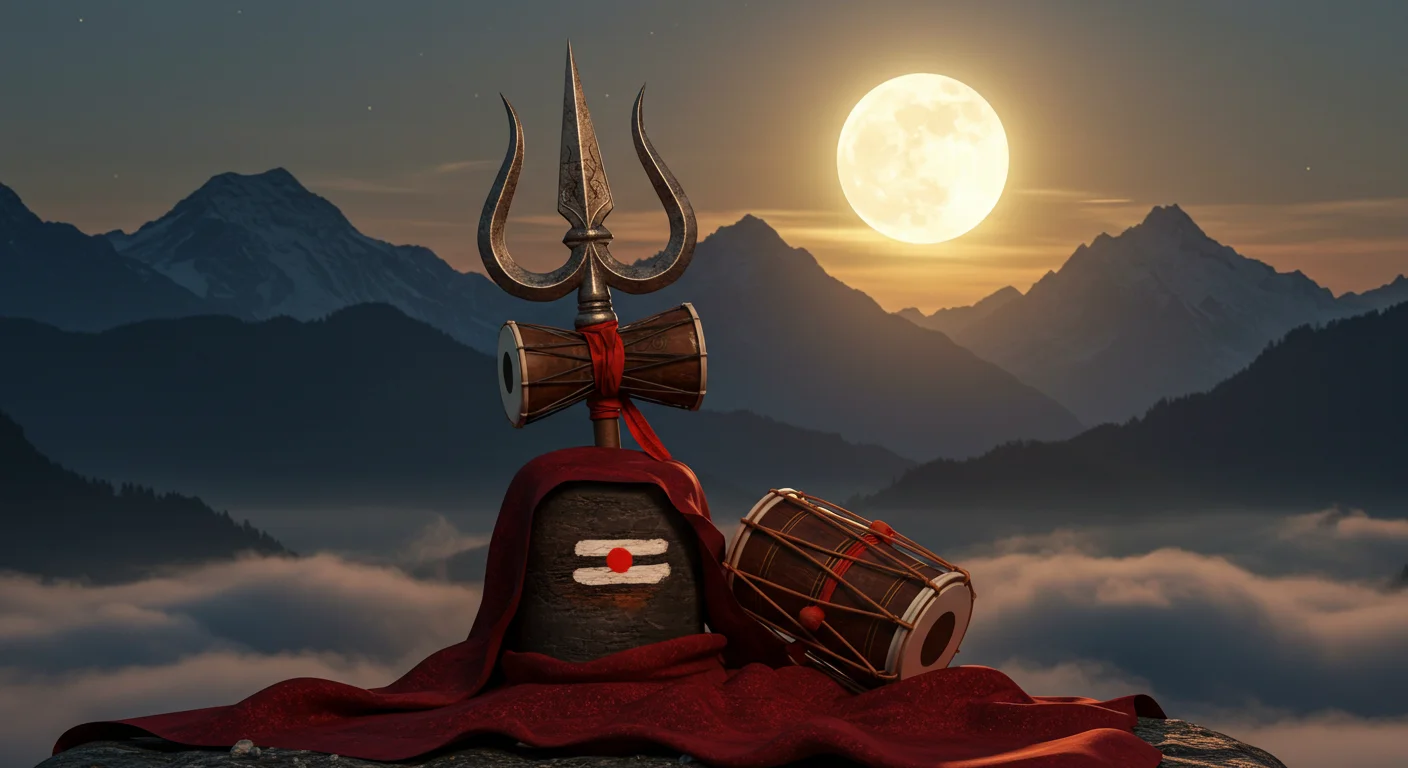 Shiva Lingam with Trishul and Damru under Full Moon in Himalayas | AIClips Sacred Devotional Art