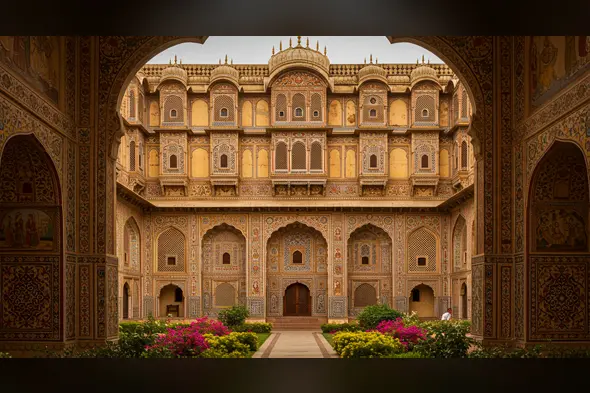 Intricate Courtyard of Indian Palace | Floral Rajput Architecture Frame
