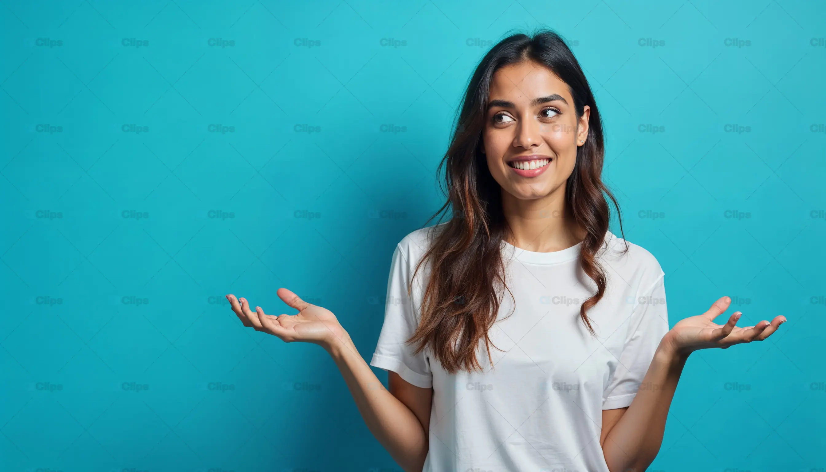Young Woman Shrugging with a Smile on Blue Background