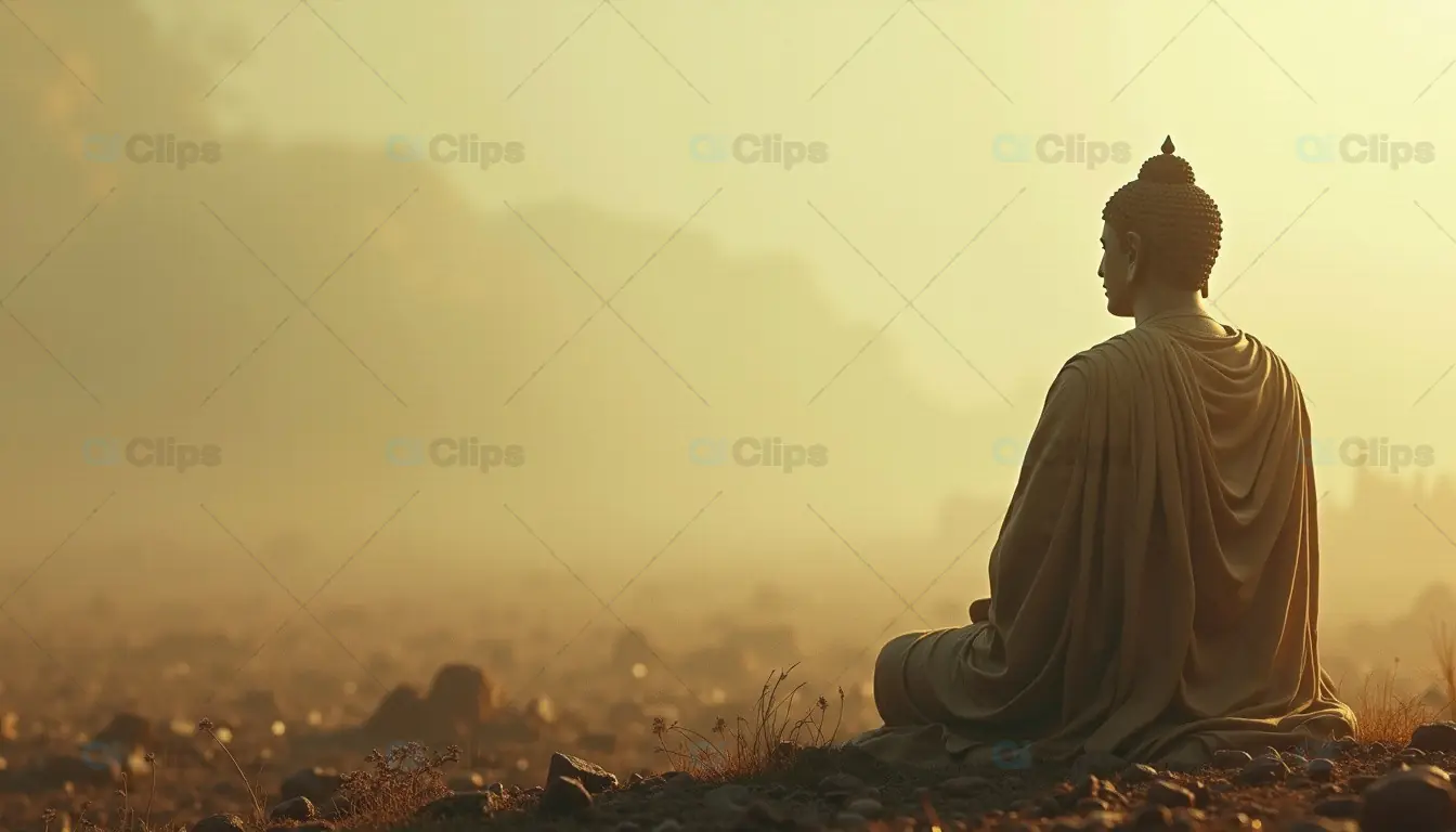 Buddha Statue in Serene Landscape at Sunrise