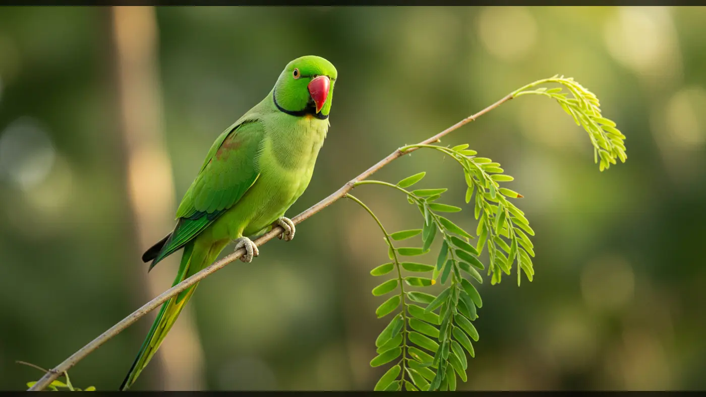 Vibrant Indian Ringneck Parrot on Curved Leafy Branch in Natural Habitat