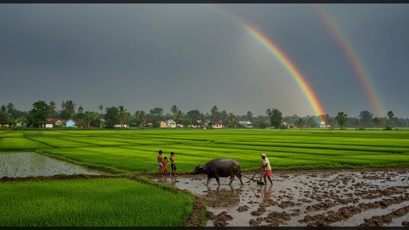 Indian Farmer with Buffalo Under Double Rainbow in Paddy Fields