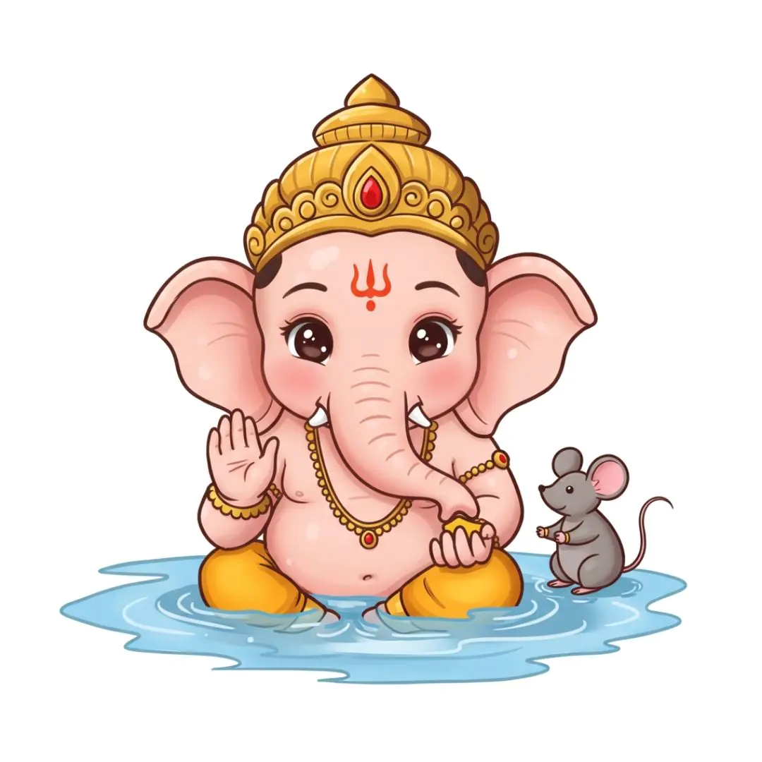 Cute Baby Ganesha Bathing with Mouse Friend PNG