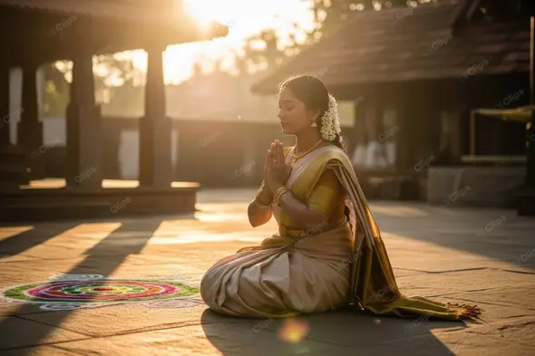 Sacred Sunrise Devotion in Saree
