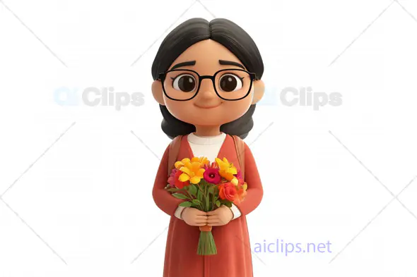 3D Girl Avatar Holding a Bouquet of Flowers