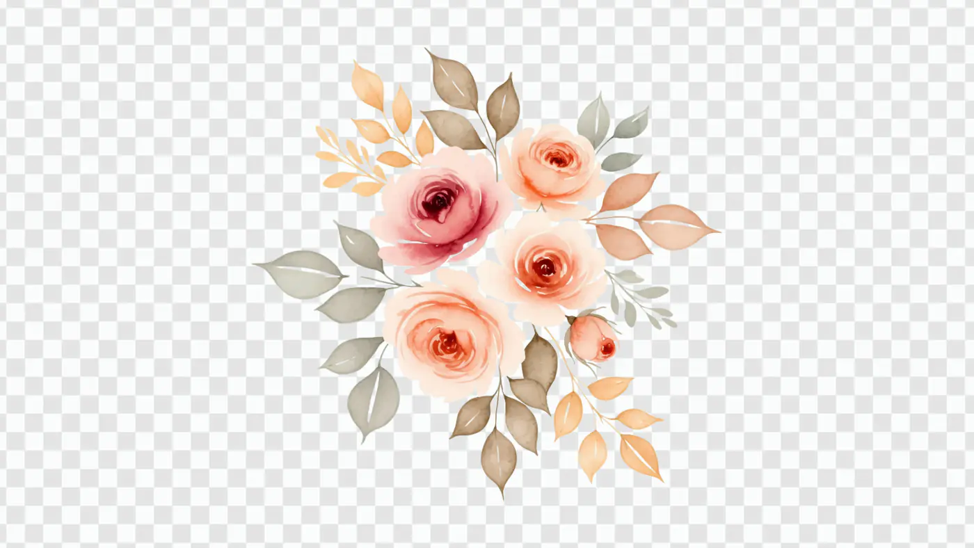 Watercolor Peach Rose Floral Spray PNG Clipart