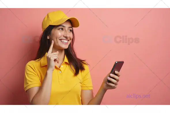 Smiling Female Delivery Worker Holding Smartphone