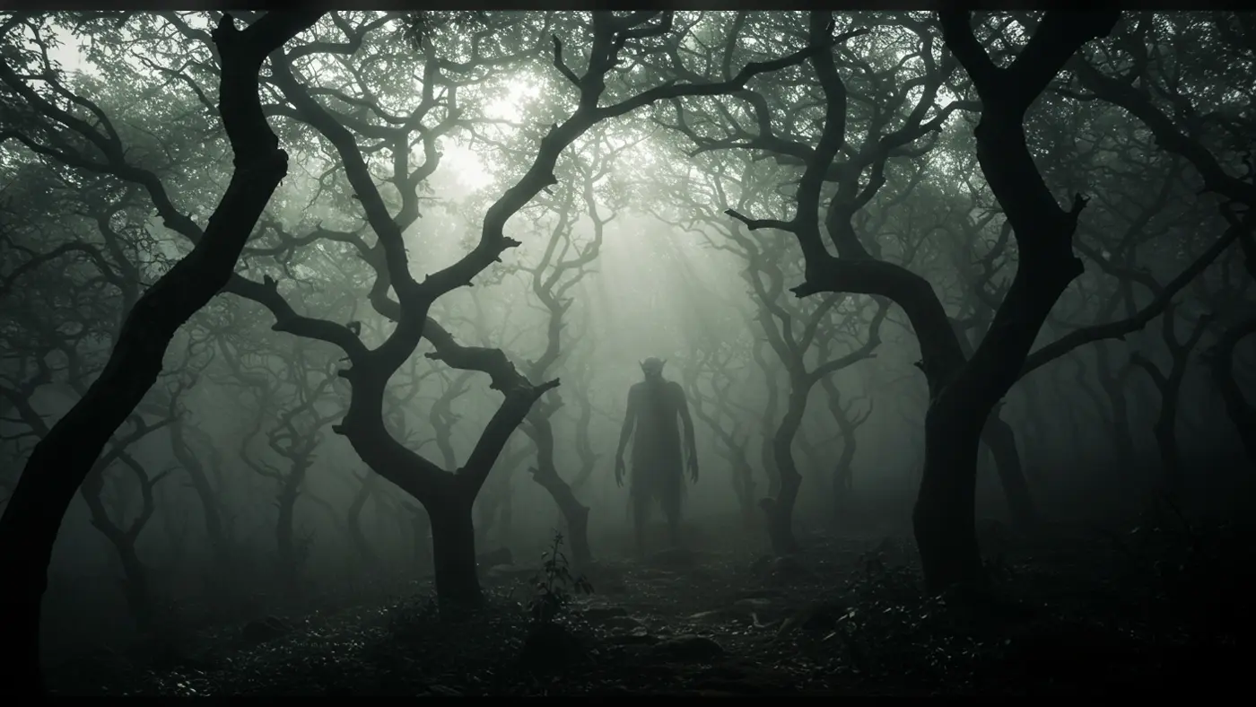 Silhouetted Creature in Haunted Forest – Dark Fantasy Horror Atmosphere