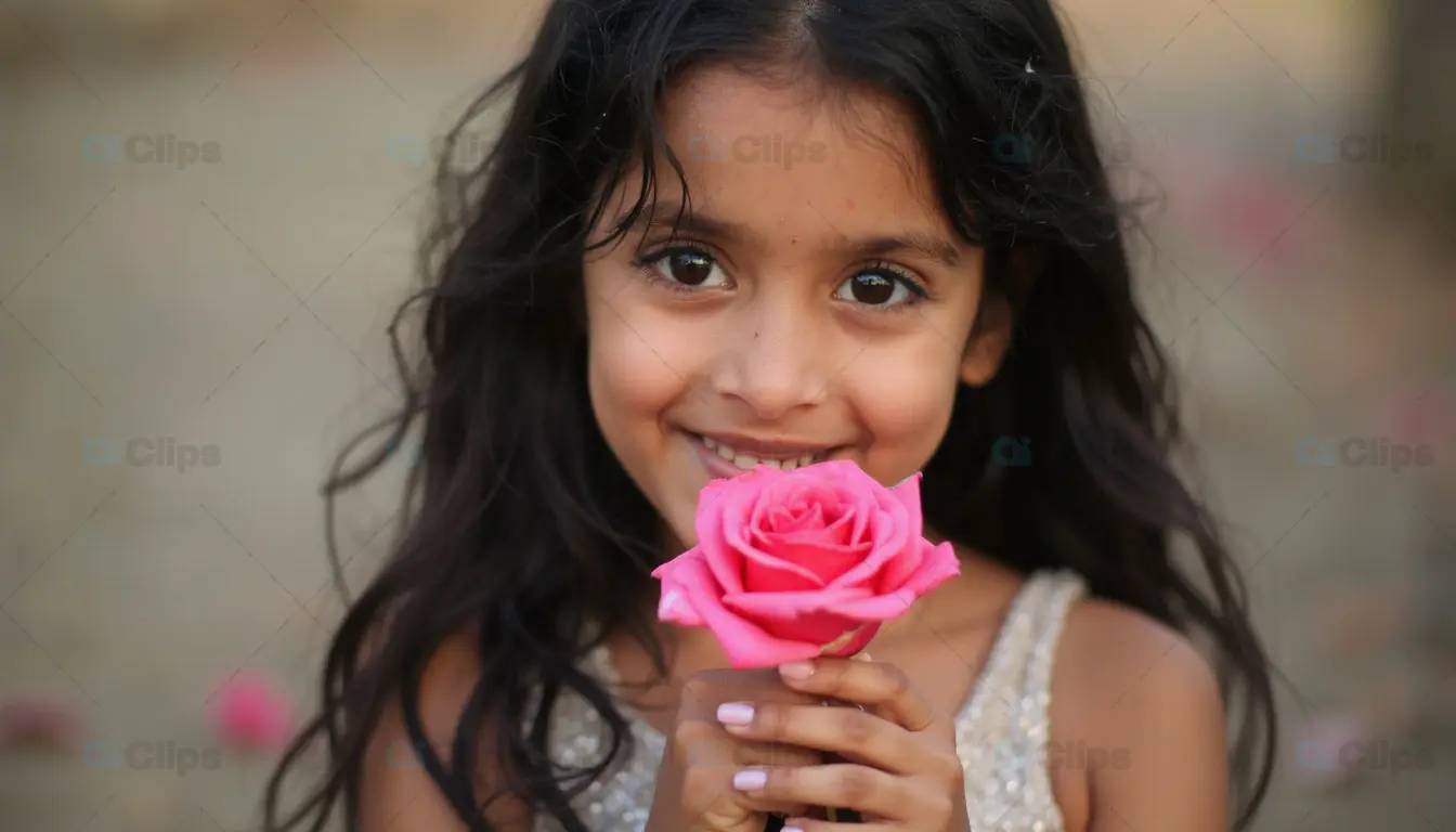 Smiling Girl Holding Pink Rose