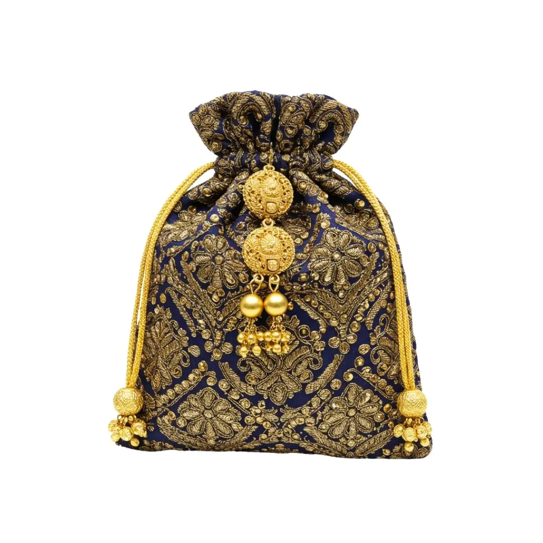Luxurious Gold-Embroidered Navy Potli Bag PNG Clipart