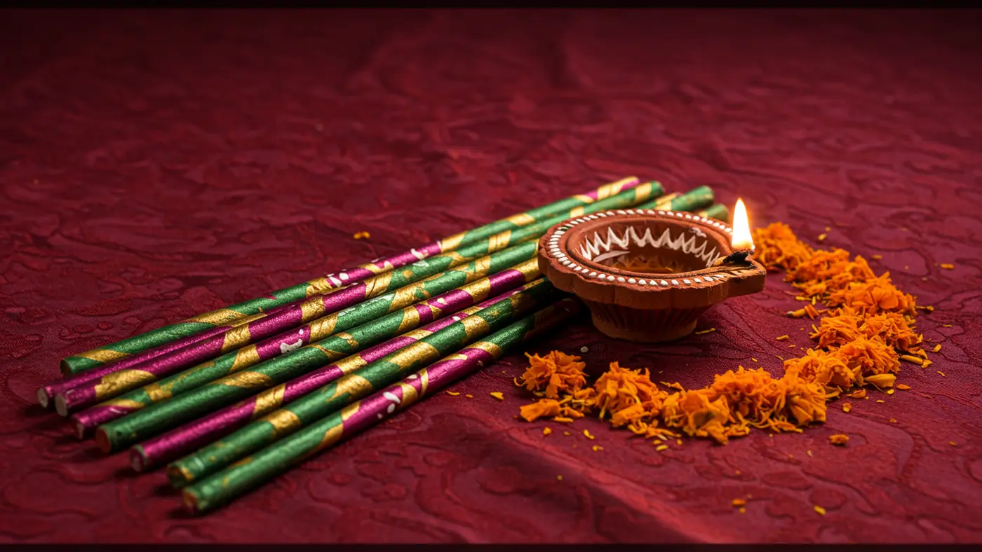 Elegant Navratri Diya with Garba Sticks & Marigold Petals on Maroon Fabric | AIClips Indian Festival