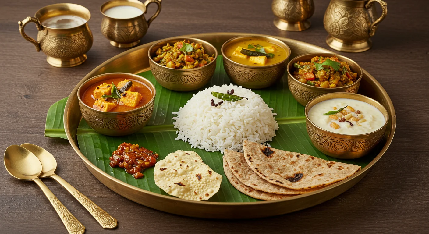 Authentic Indian Vegetarian Thali with Curd & Curry | Banana Leaf Brass Platter | AIClips