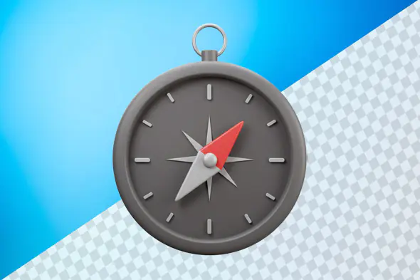 Sleek gray compass with red arrow on blue background