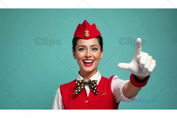 Smiling Female Attendant in Red Uniform Pointing Forward