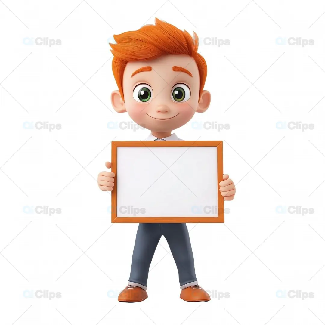 3D Redhead Boy Avatar Holding Blank Signboard