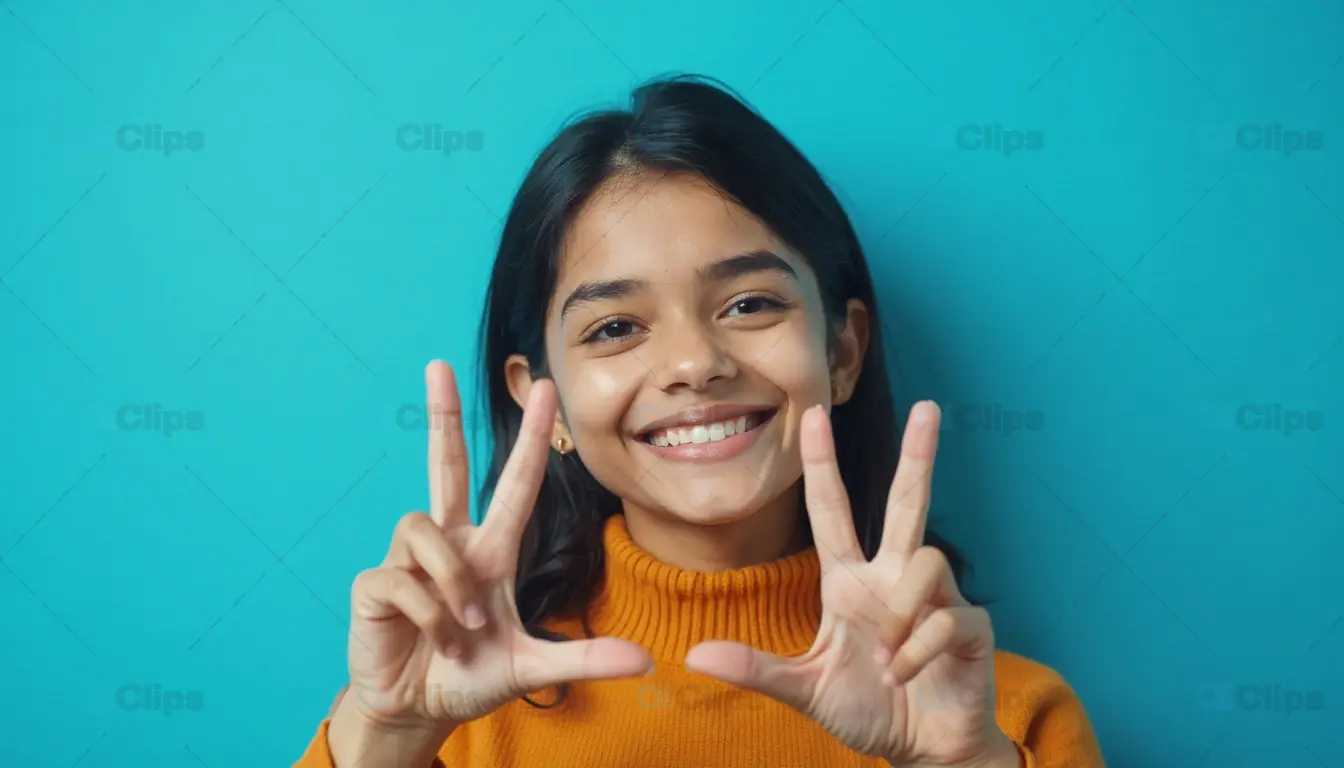 Smiling Girl Showing Hand Gestures on Blue Background