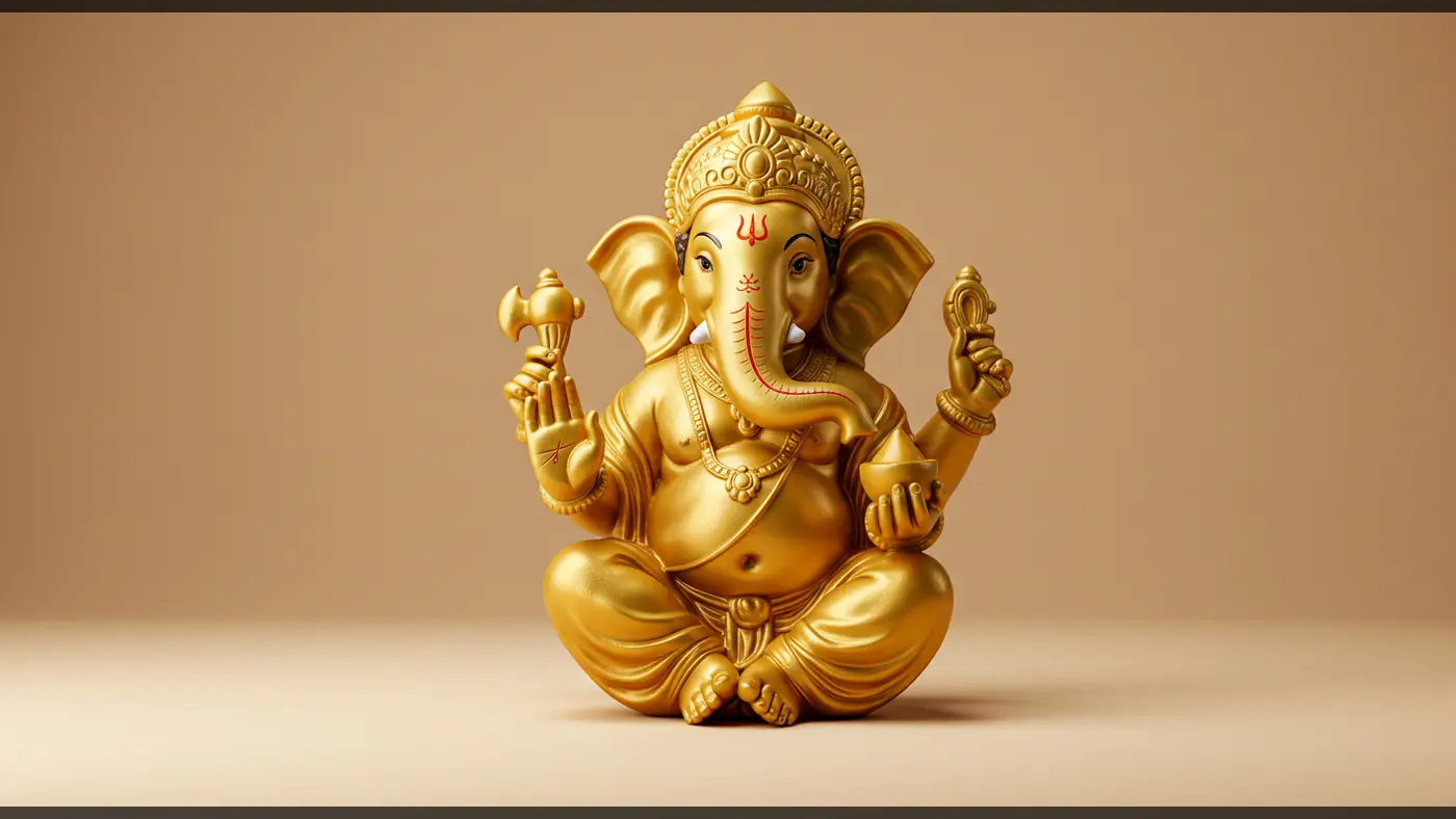 Elegant Golden Ganesha Idol on Beige Backdrop – Ideal for Devotional & Festive Posters