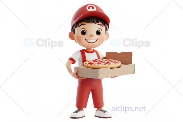 Smiling Pizza Delivery Boy 3D Avatar with Pizza Box
