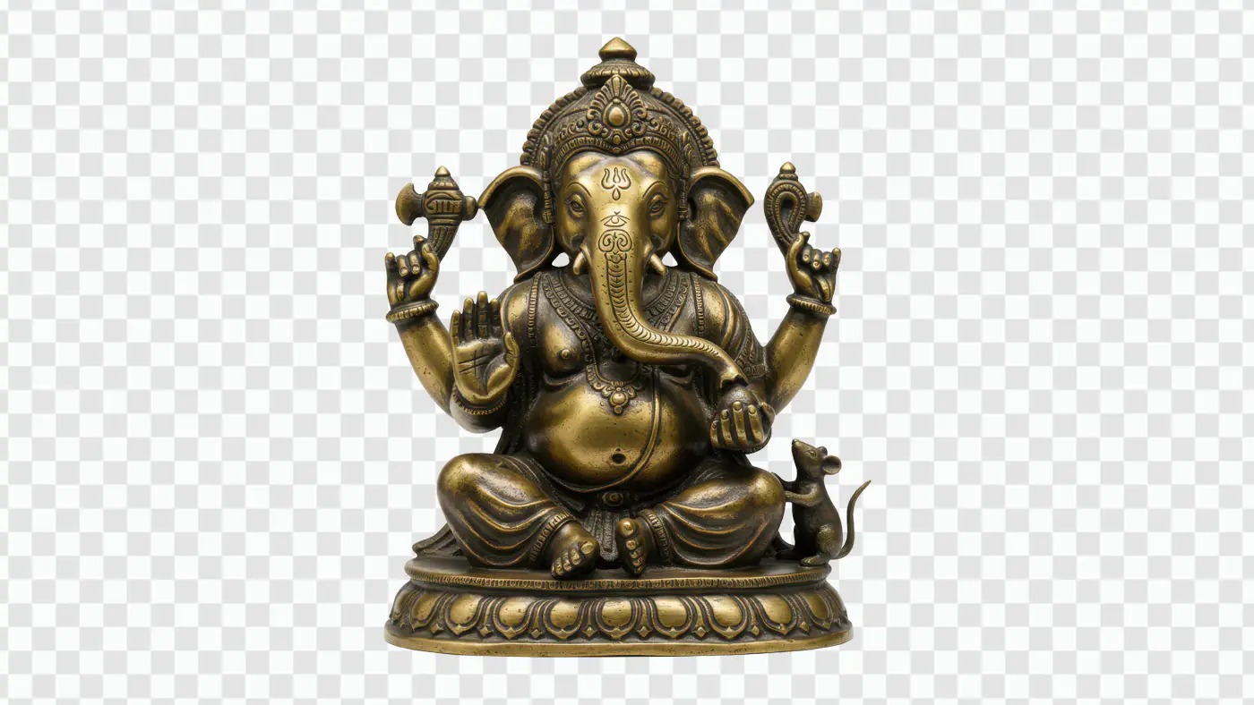 Seated Lord Ganesha Brass Statue with Mouse PNG