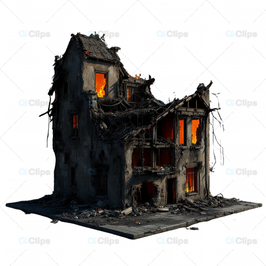 3D Burning Collapsed Building Ruins