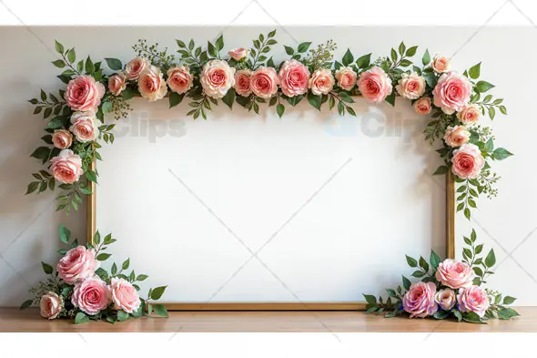 Floral Frame with Pink Roses and Green Leaves