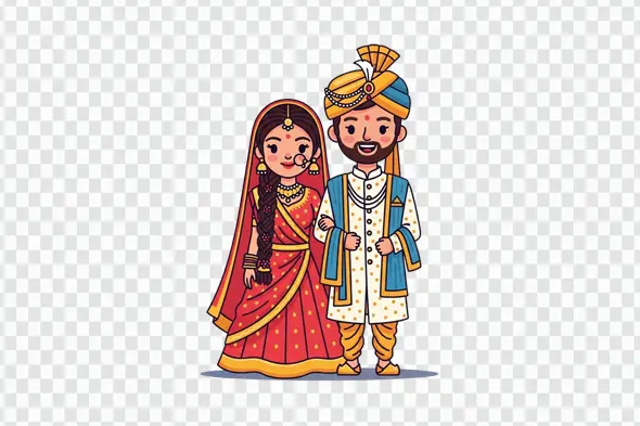 Indian Wedding Couple Traditional Attire Cartoon Clipart PNG