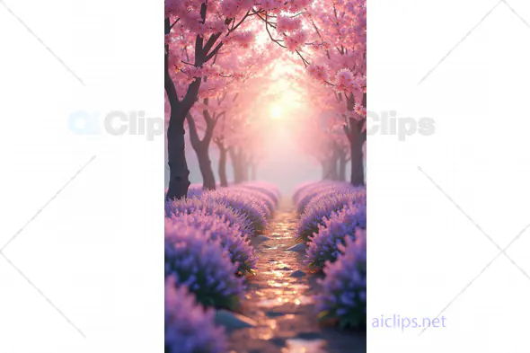 Sunlit Pathway Through Cherry Blossoms and Lavender