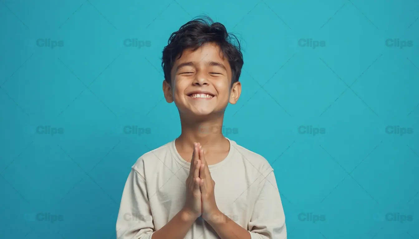 Smiling Child in Namaste Pose on Blue Background