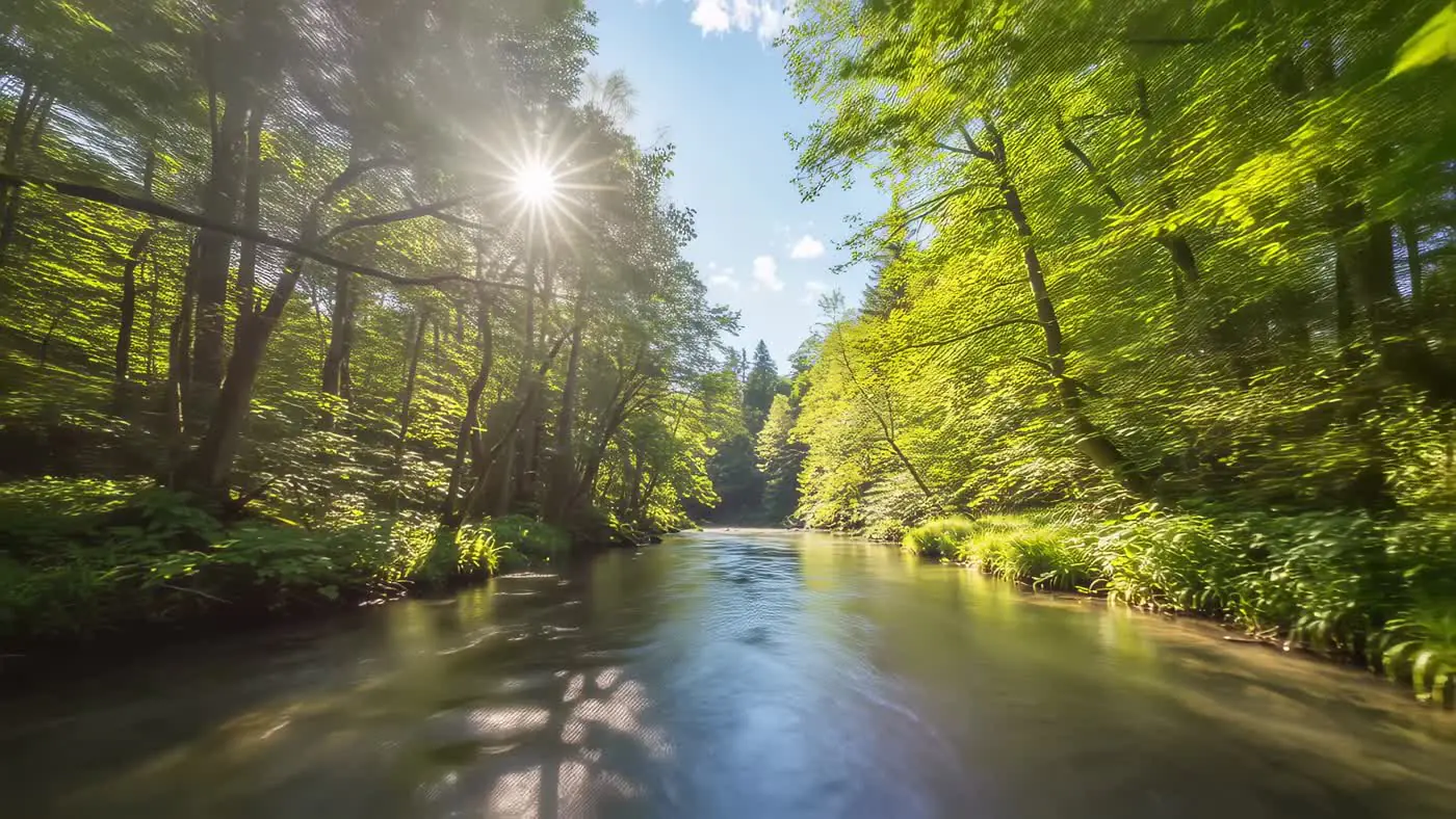 Sunlit Forest River Flowing Through Lush Green Landscape | AIClips